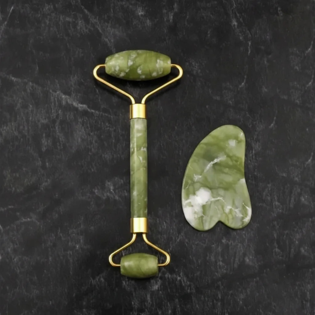 Natural Jade Facial Massage Set | Gua Sha Scraping Board + Face Roller | 2-Piece Skincare Tool Kit | Natural Stone Beauty Bar