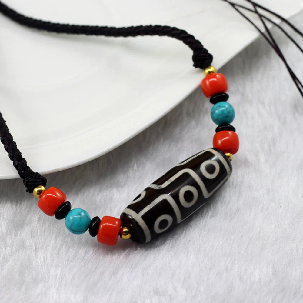 Tibetan 9 Eye Dzi Bead Necklace -- Healing Amulet | Agate Pendant Sweater Chain
