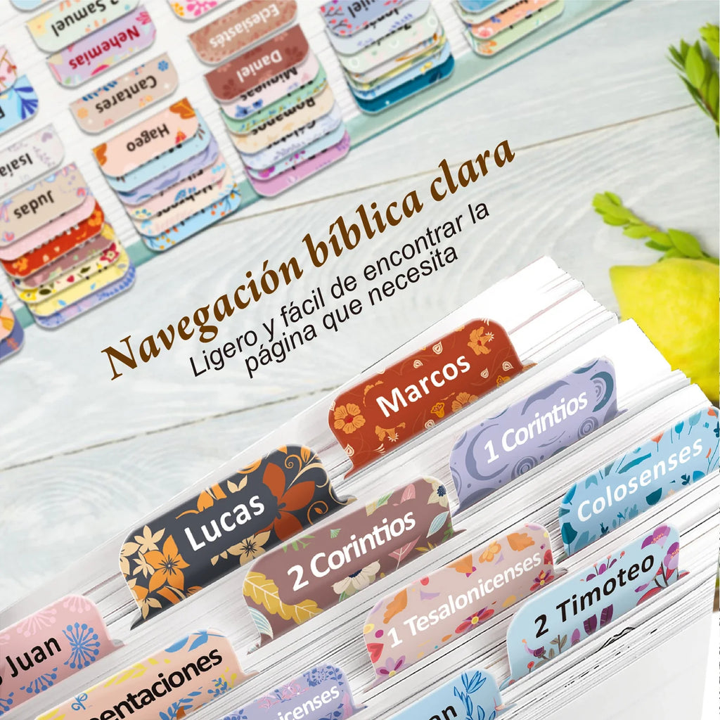 Spanish Bible Tabs | 75 Laminated Pastel Bloom Tabs for Women & Men — Pestañas para Biblia en Español