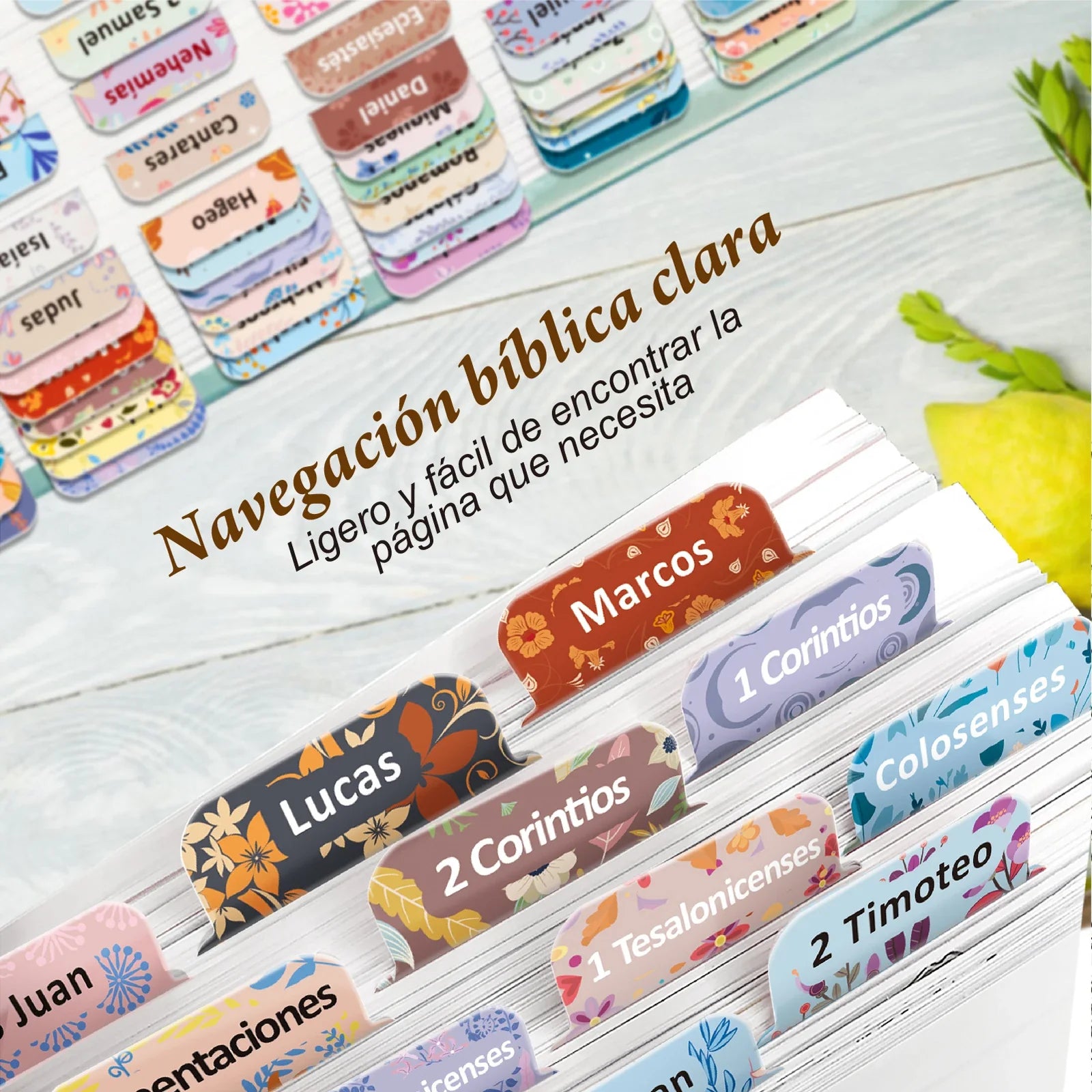 Spanish Bible Tabs | 75 Laminated Pastel Bloom Tabs for Women & Men — Pestañas para Biblia en Español