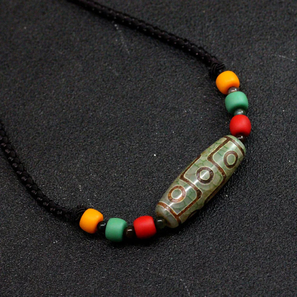 Tibetan 9 Eye Dzi Bead Necklace -- Healing Amulet | Agate Pendant Sweater Chain